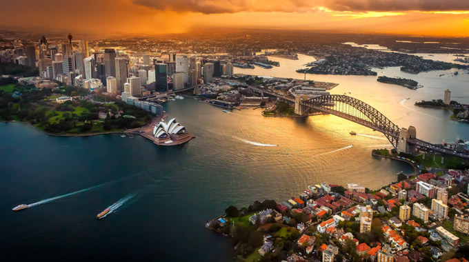 A golden aerial view of Sydney, Australia